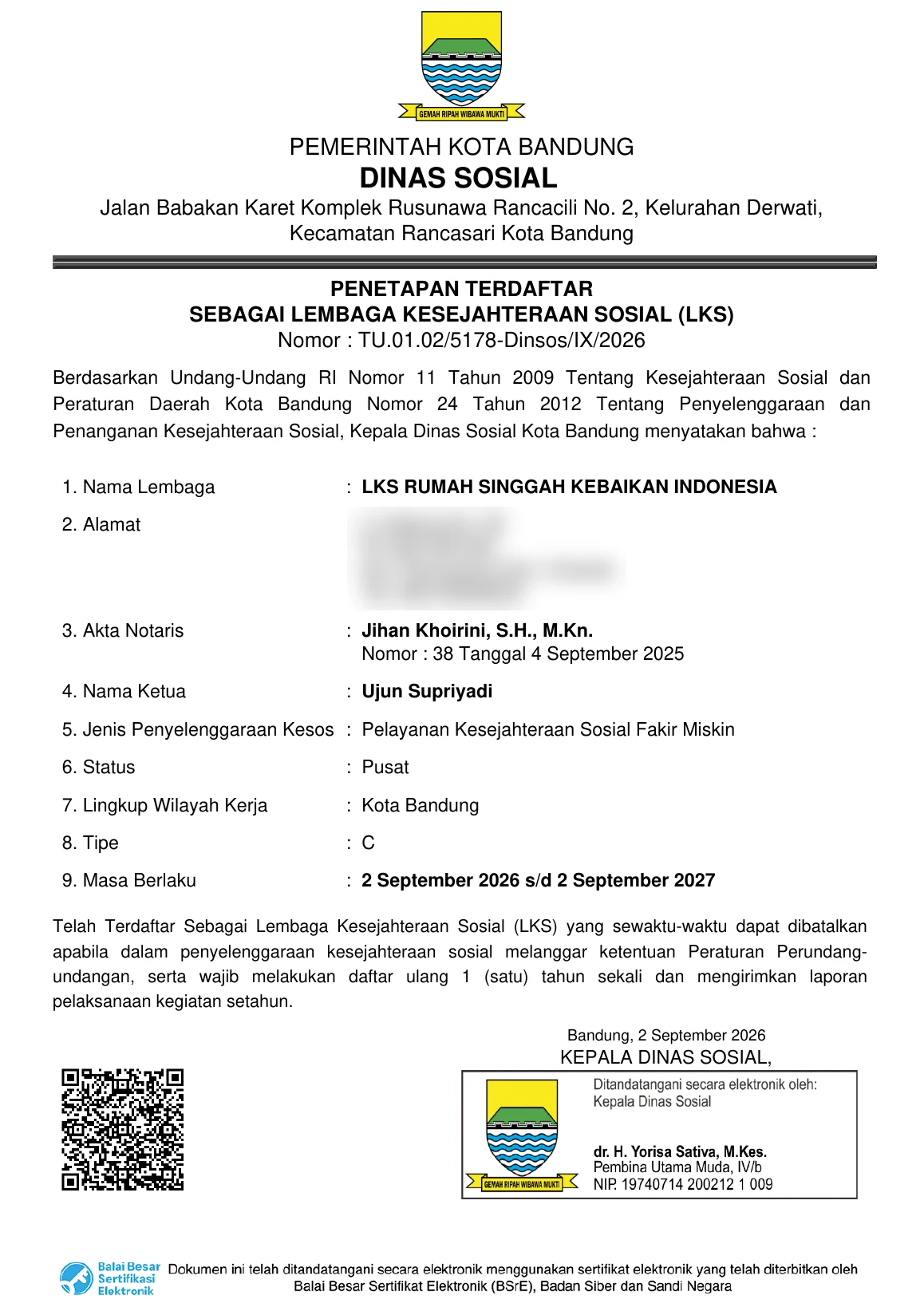Dokumen legalitas LKS Rumah Singgah Kebaikan Indonesia